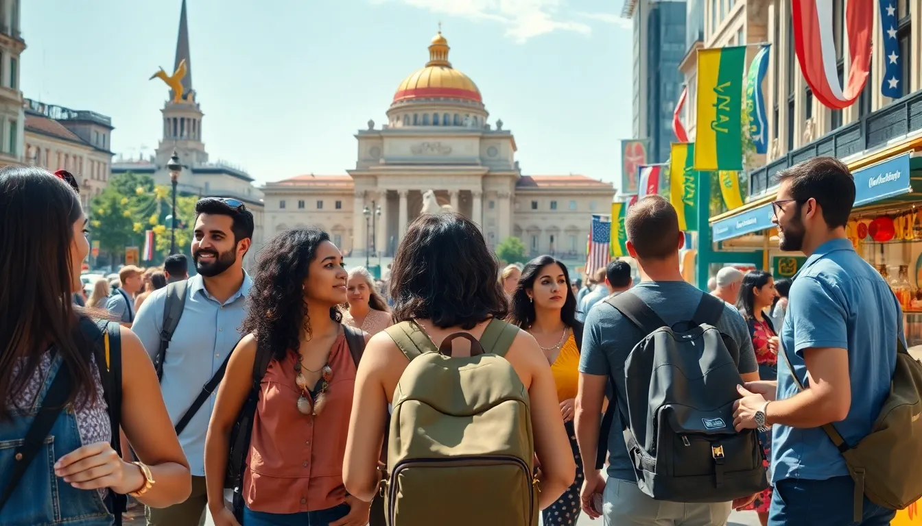 diverse group of tourists exploring a vibrant city in the United States.