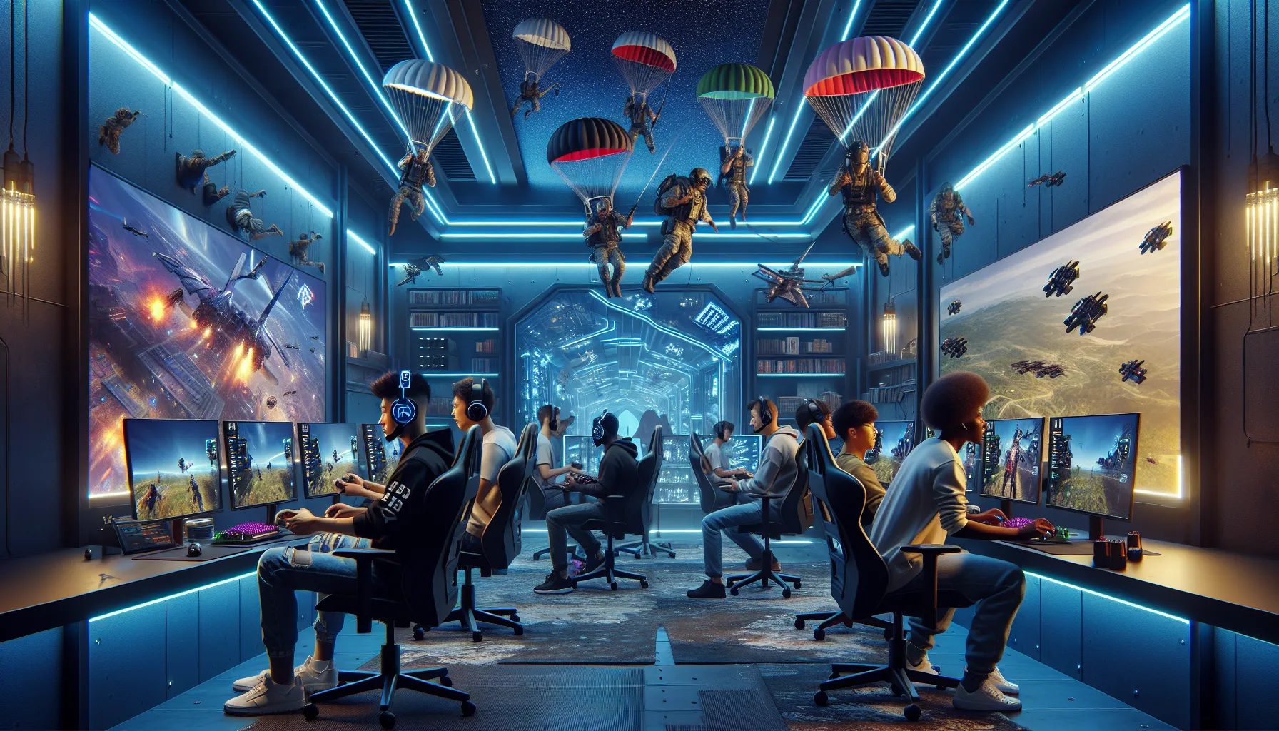 diverse gamers in a modern room playing LightNite on PCs.