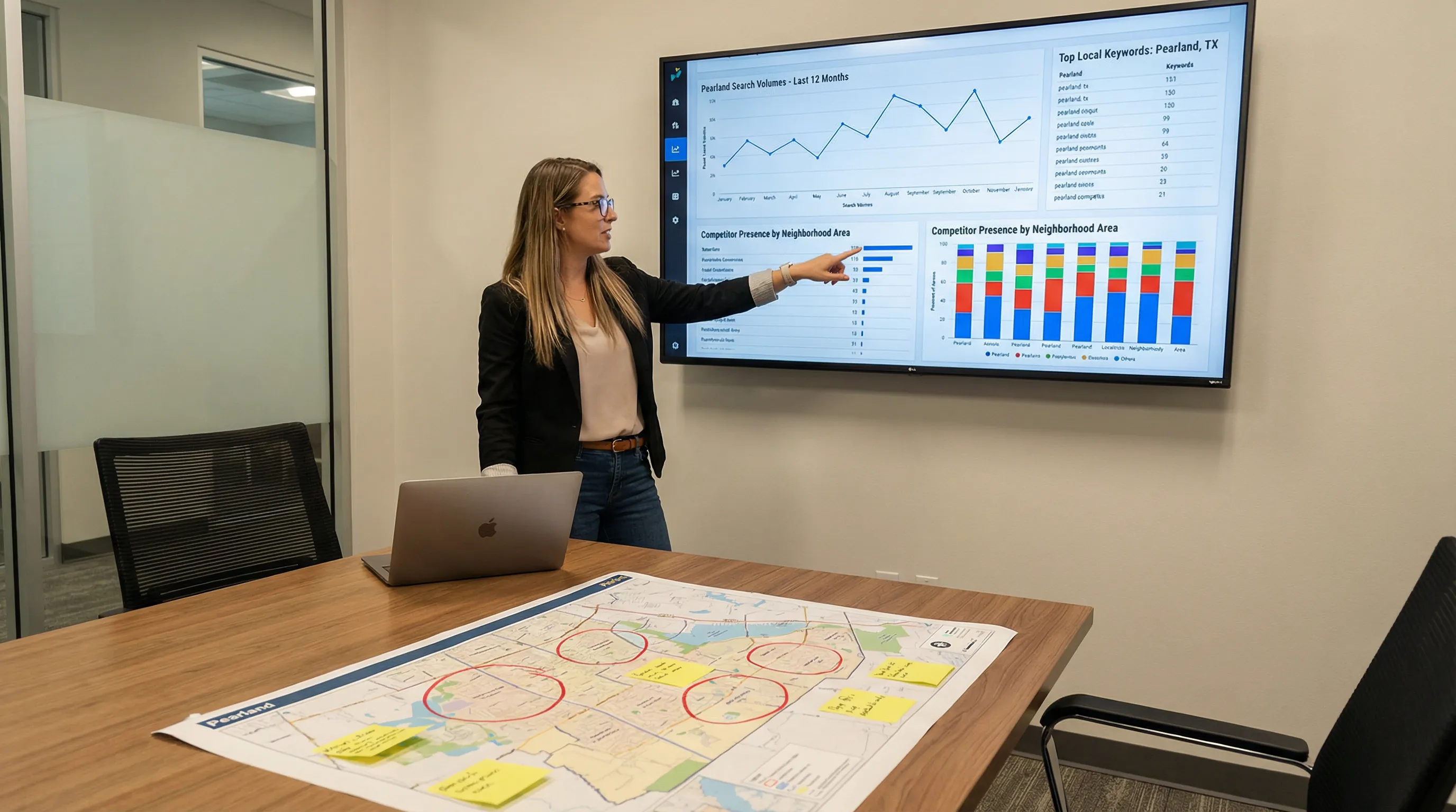 Marketing strategist examining Pearland search trend graphs and competitor comparisons on a large screen in a conference room.