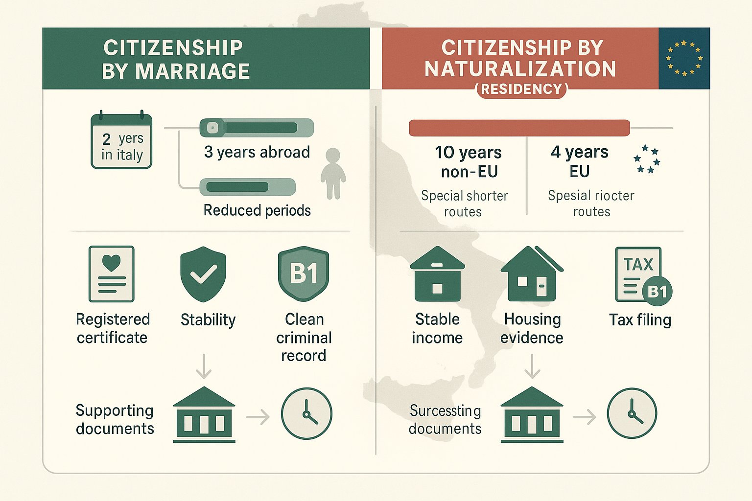 Infografica che confronta i requisiti per la cittadinanza italiana per matrimonio e residenza.