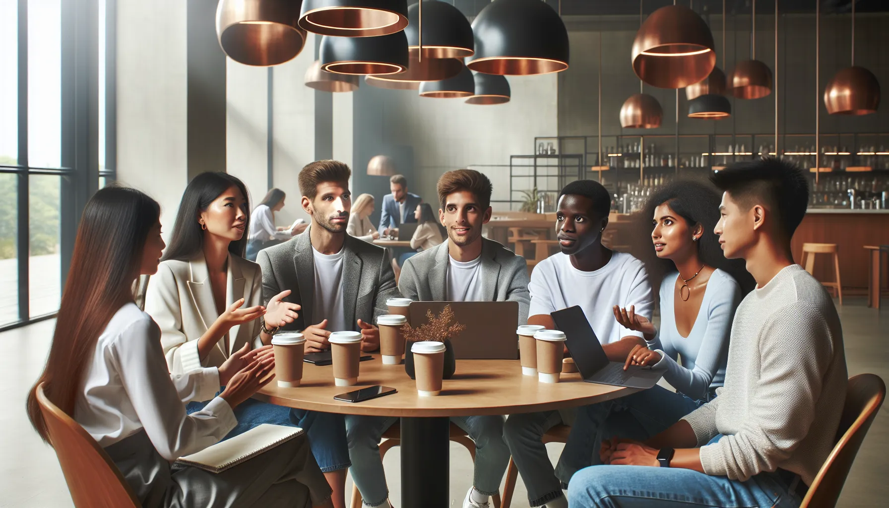 diverse professionals discussing Nicgerakios in a modern caf&eacute;.