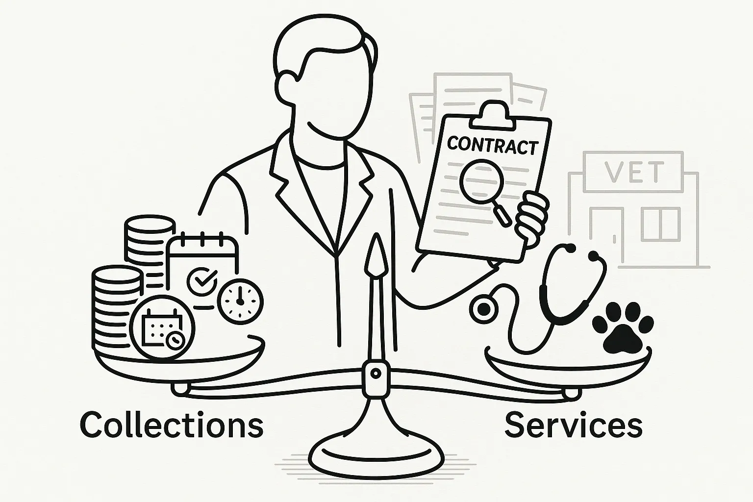 Veterinarian with scale balancing money and services next to a contract.