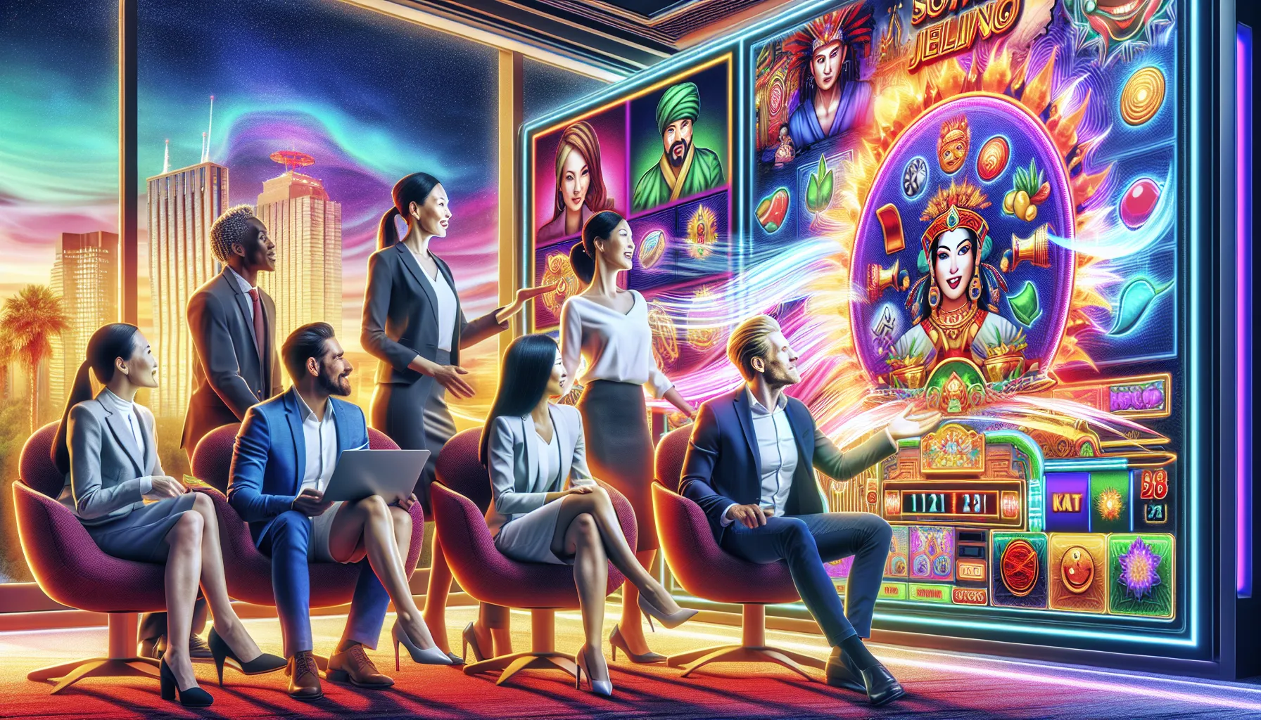 diverse group discussing a colorful online slot game in a modern lounge.