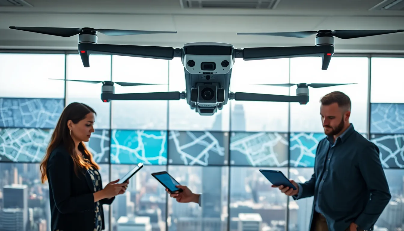PDW drone monitoring an urban area with professionals in a high-tech command center.