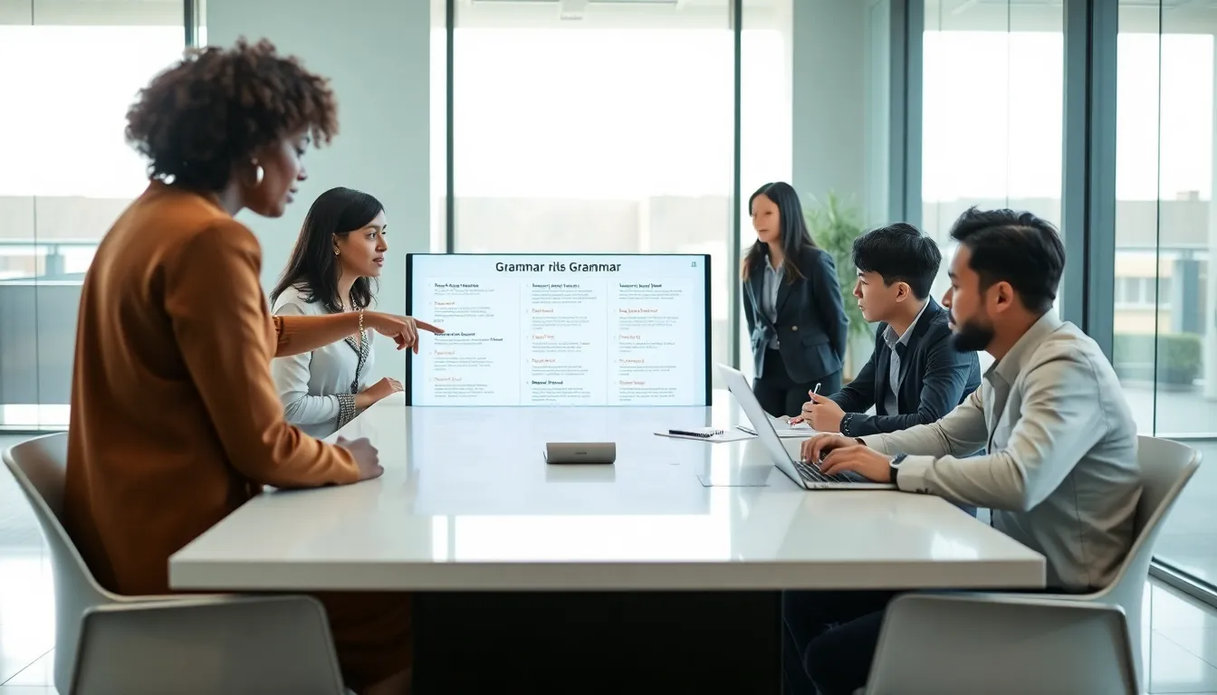 diverse team discussing grammar rules in a modern office.
