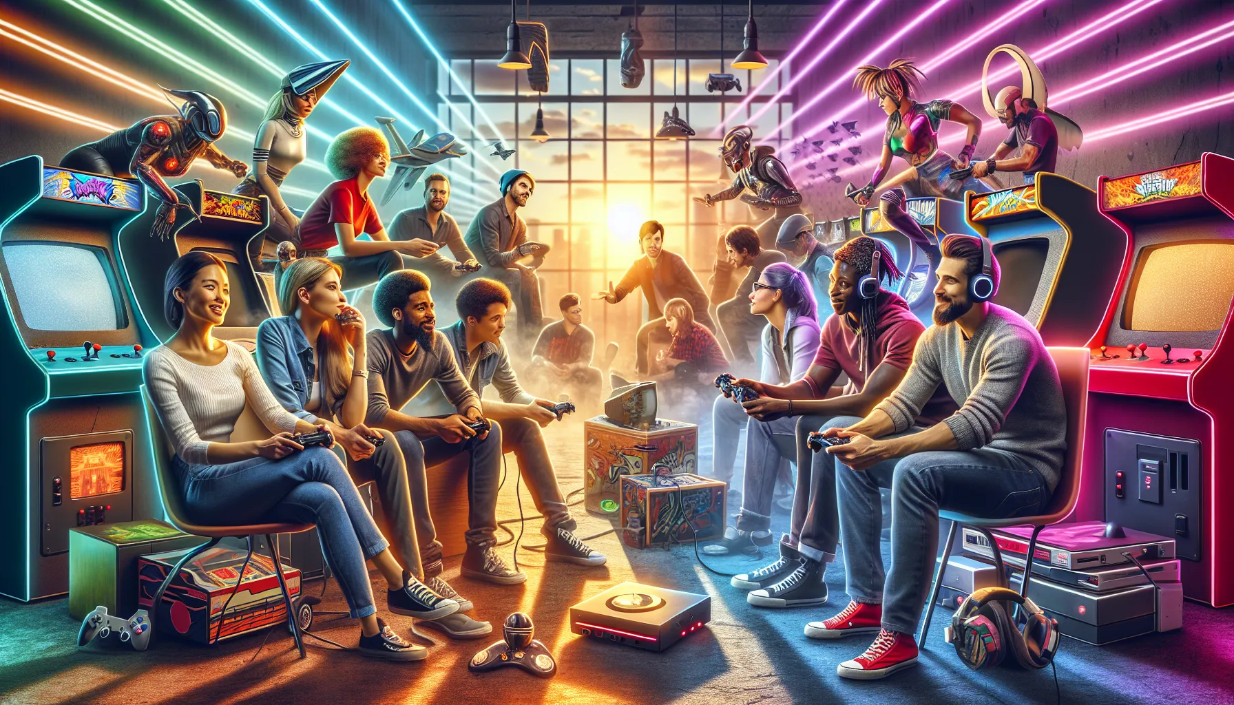 diverse gamers discussing gaming evolution in a modern workspace.