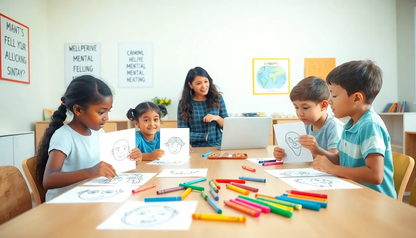 children coloring mental health pages in a bright classroom setting.