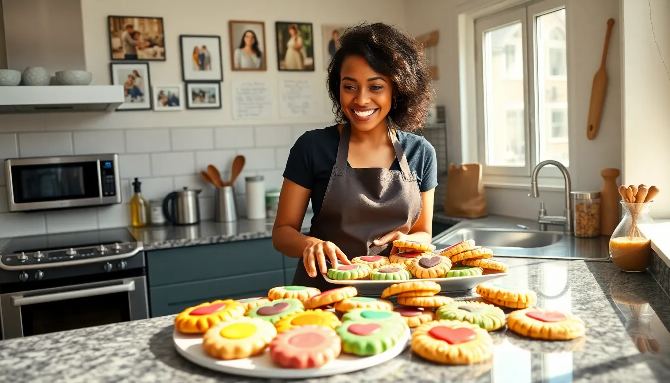 baker arranging colorful cookies in a bright kitchen.