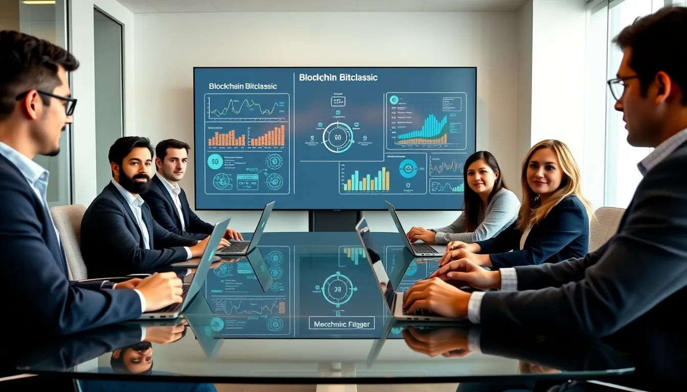 diverse team discussing blockchain Bitclassic in a modern office.