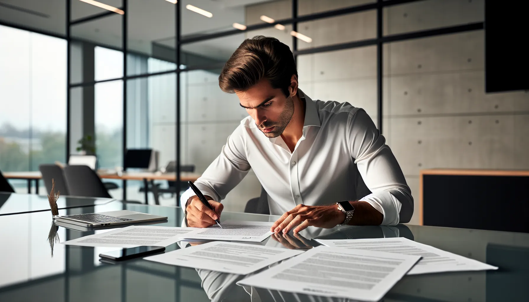Professional person writing formal complaint document at modern office desk.