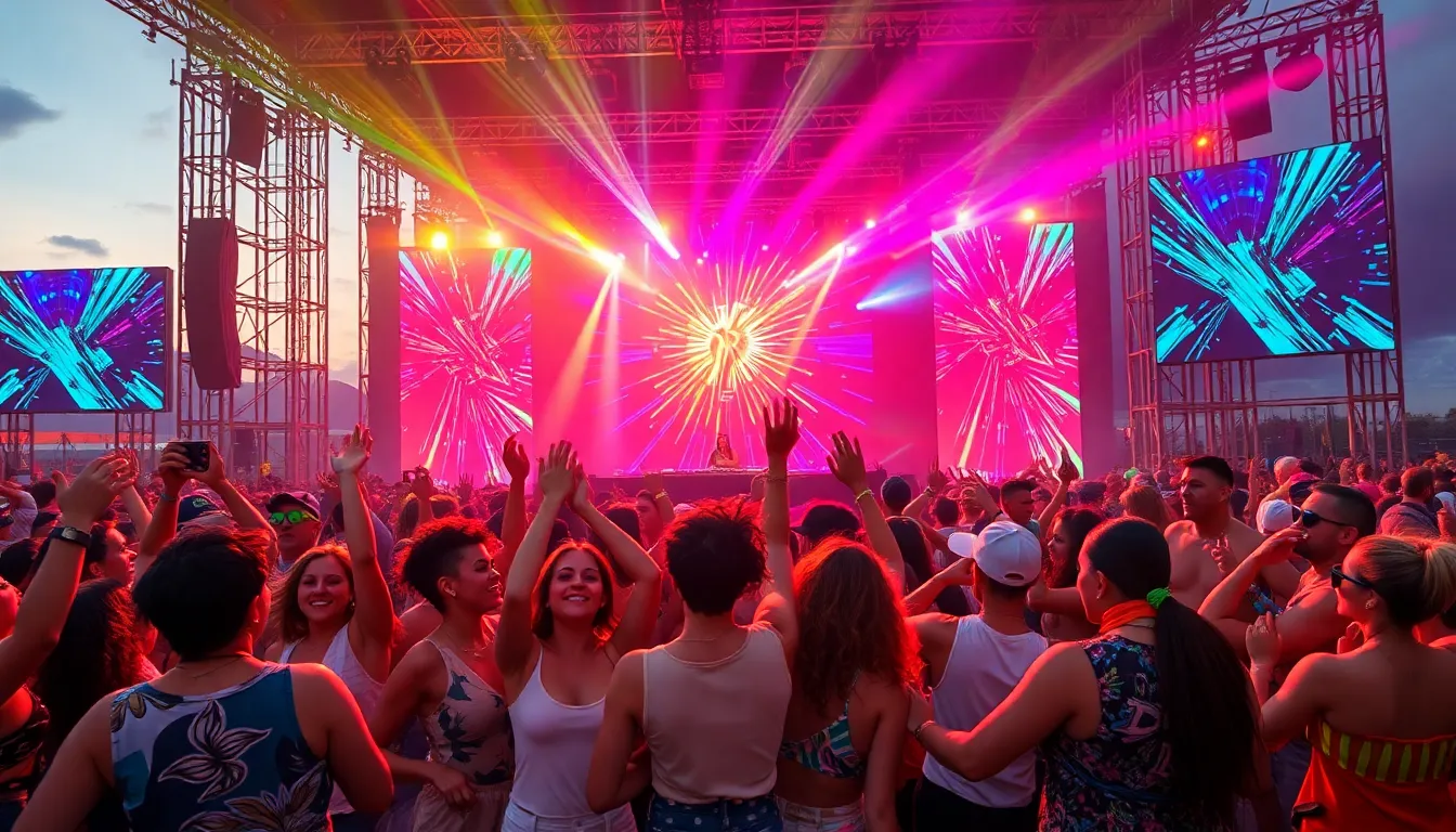 diverse crowd dancing at a vibrant 2022 music festival.