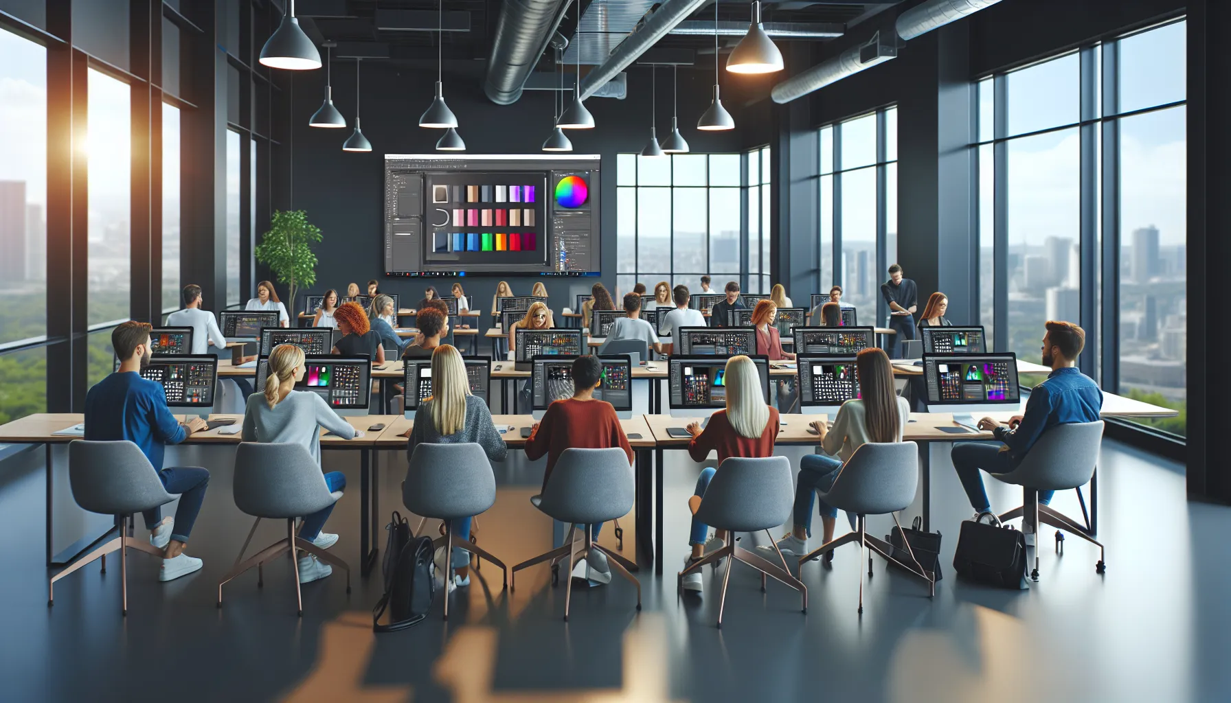 diverse learners in a modern classroom during a Photoshop training session.
