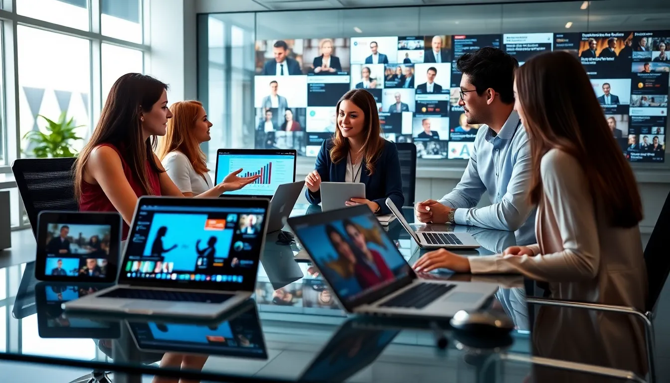 team discussing digital media in a modern office setting.