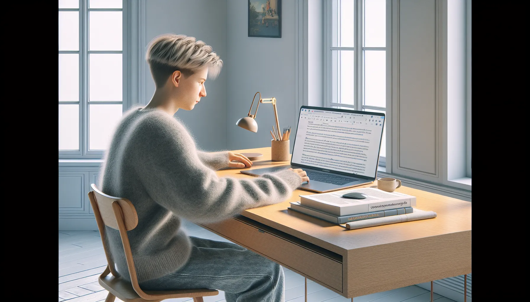 Young norwegian adult studying copyright rules on laptop and printed law documents.