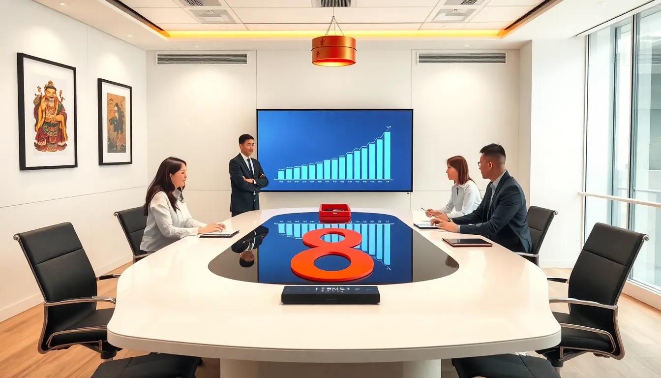 diverse team discussing prosperity symbols in a modern office setting.