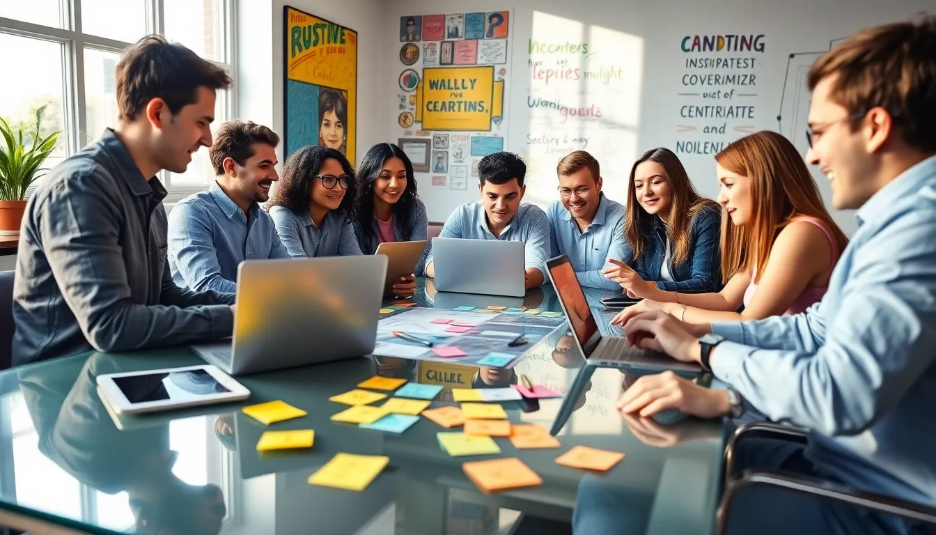 professionals brainstorming in a modern digital workspace.