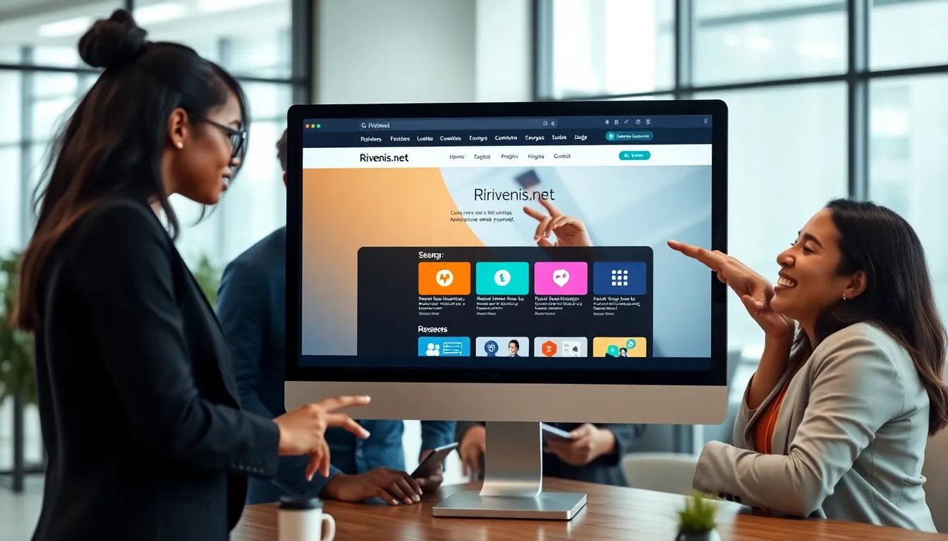 diverse team collaborating around a computer displaying Rivenis.net.