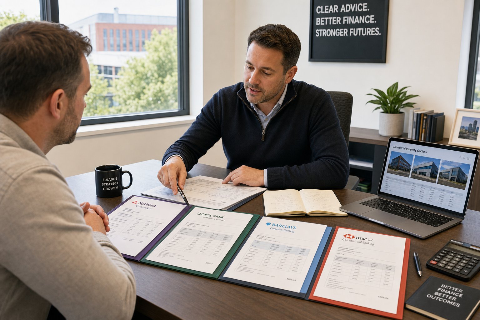 Commercial mortgage adviser comparing multiple lending options with a client in a modern office.