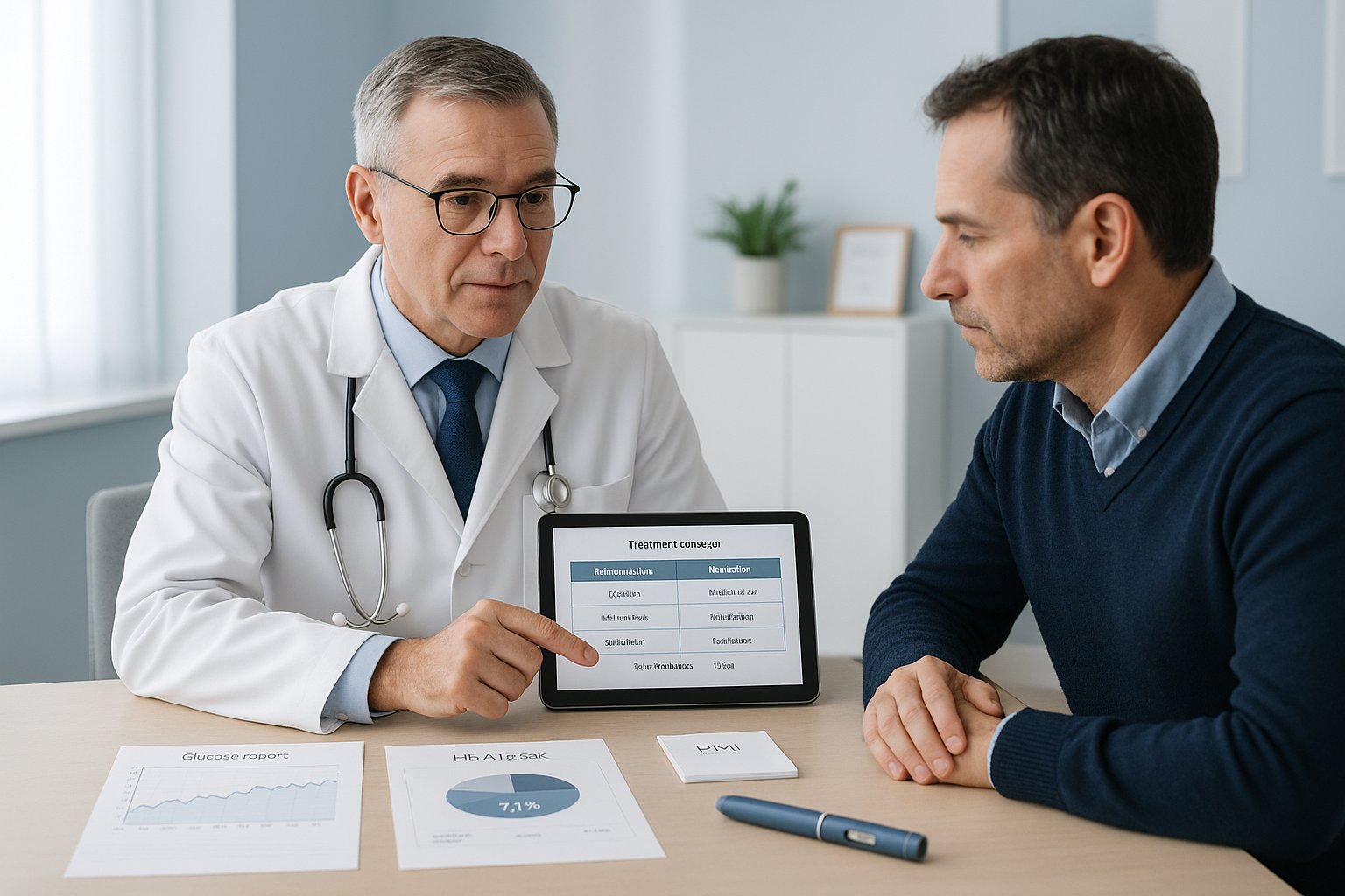 Doctor discussing Ozempic eligibility with a patient in a modern French clinic.