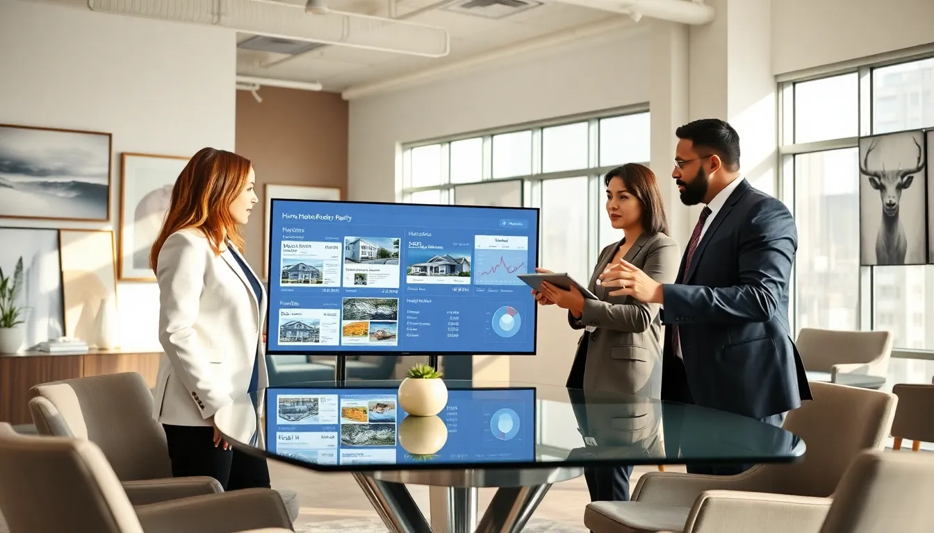 diverse real estate team discussing property in a modern office.