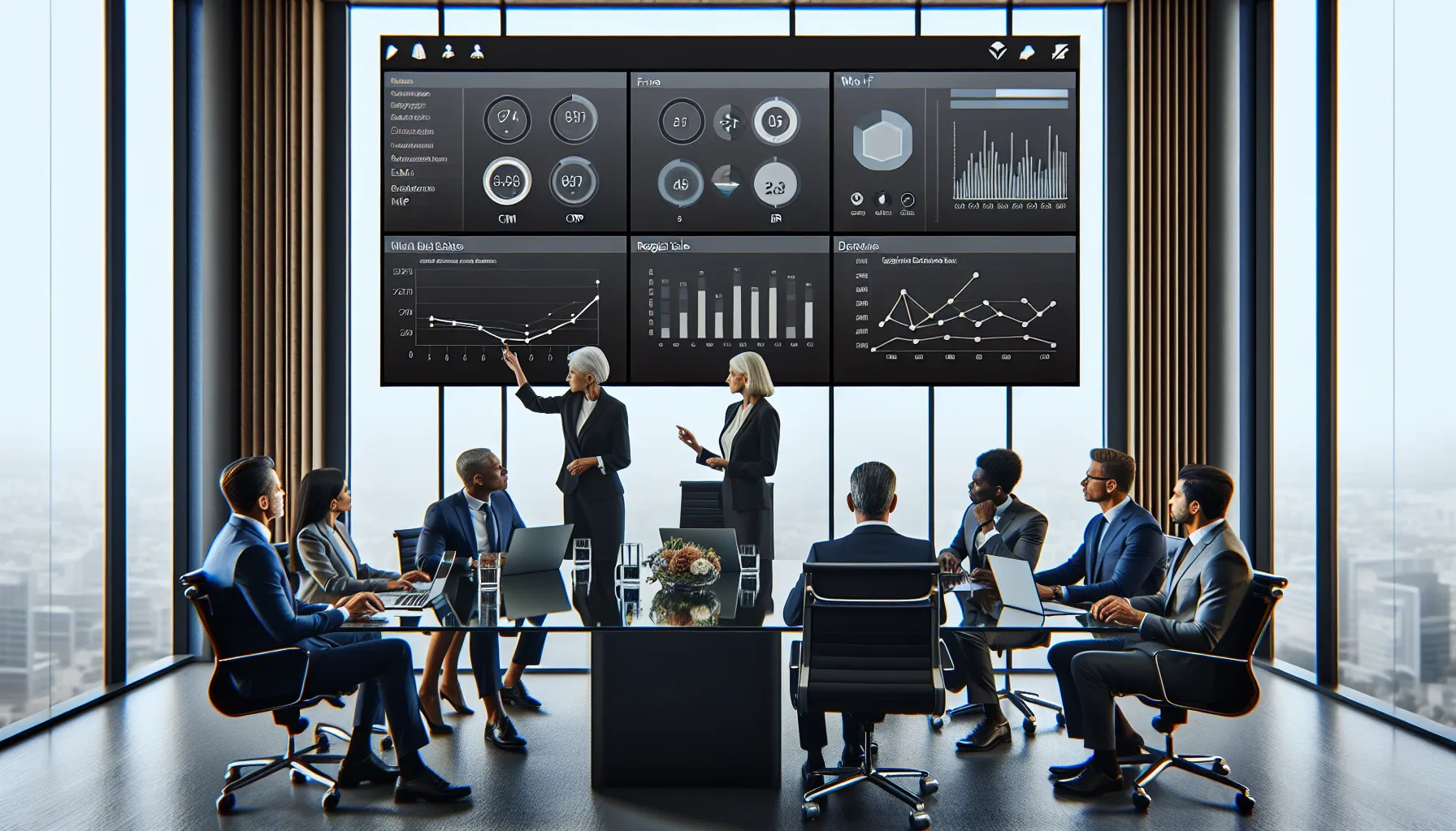 Executives review integrated Tableau dashboards on a large screen in a modern office.