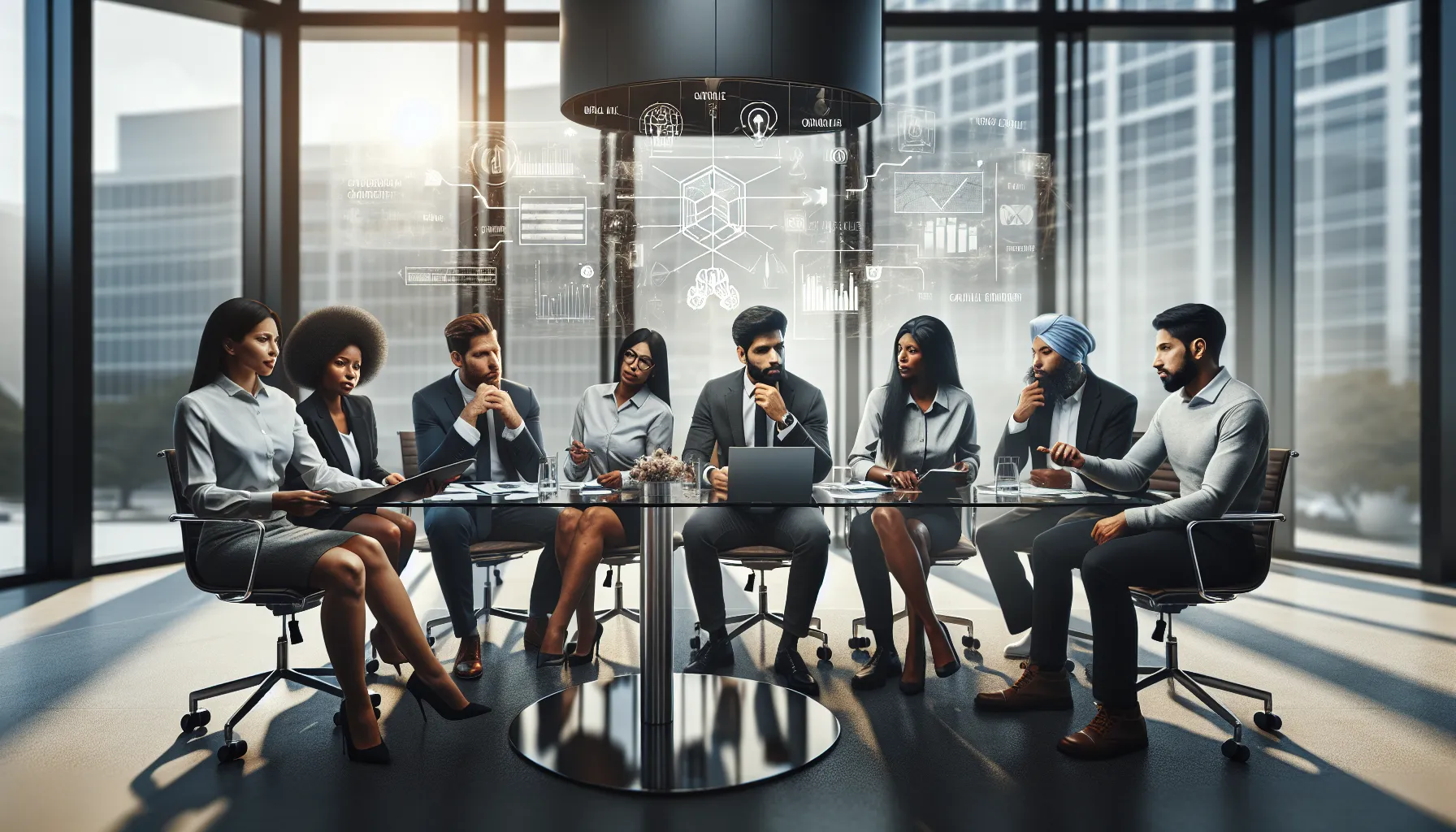 diverse team discussing challenges in a modern conference room.