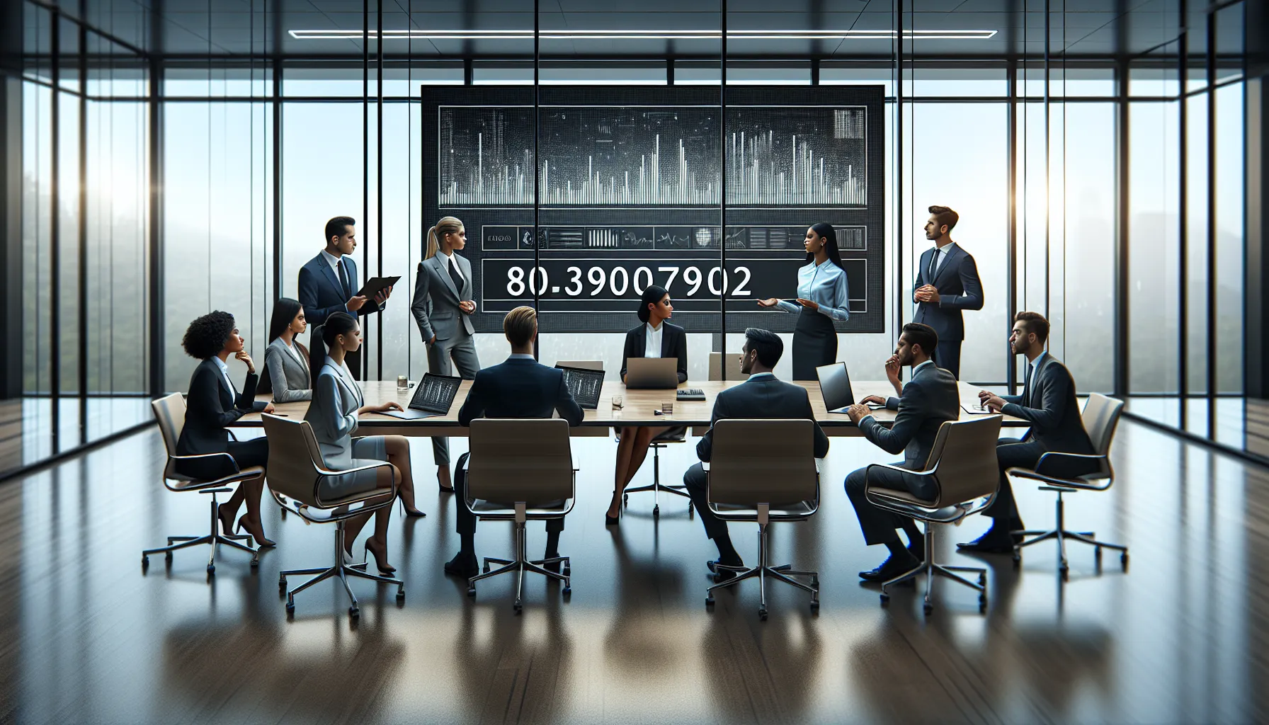 team discussing data in a modern office with digital displays.