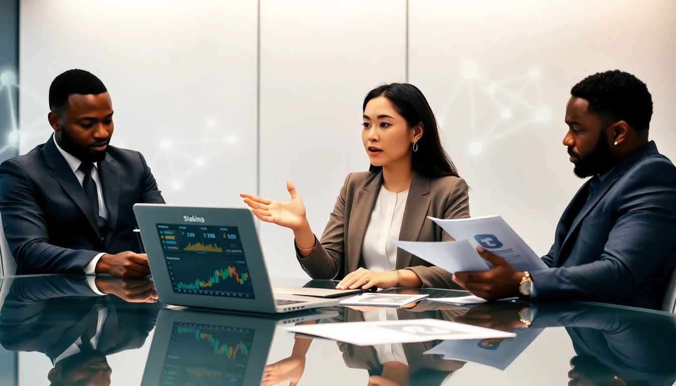 diverse professionals discussing blockchain staking in a modern office.