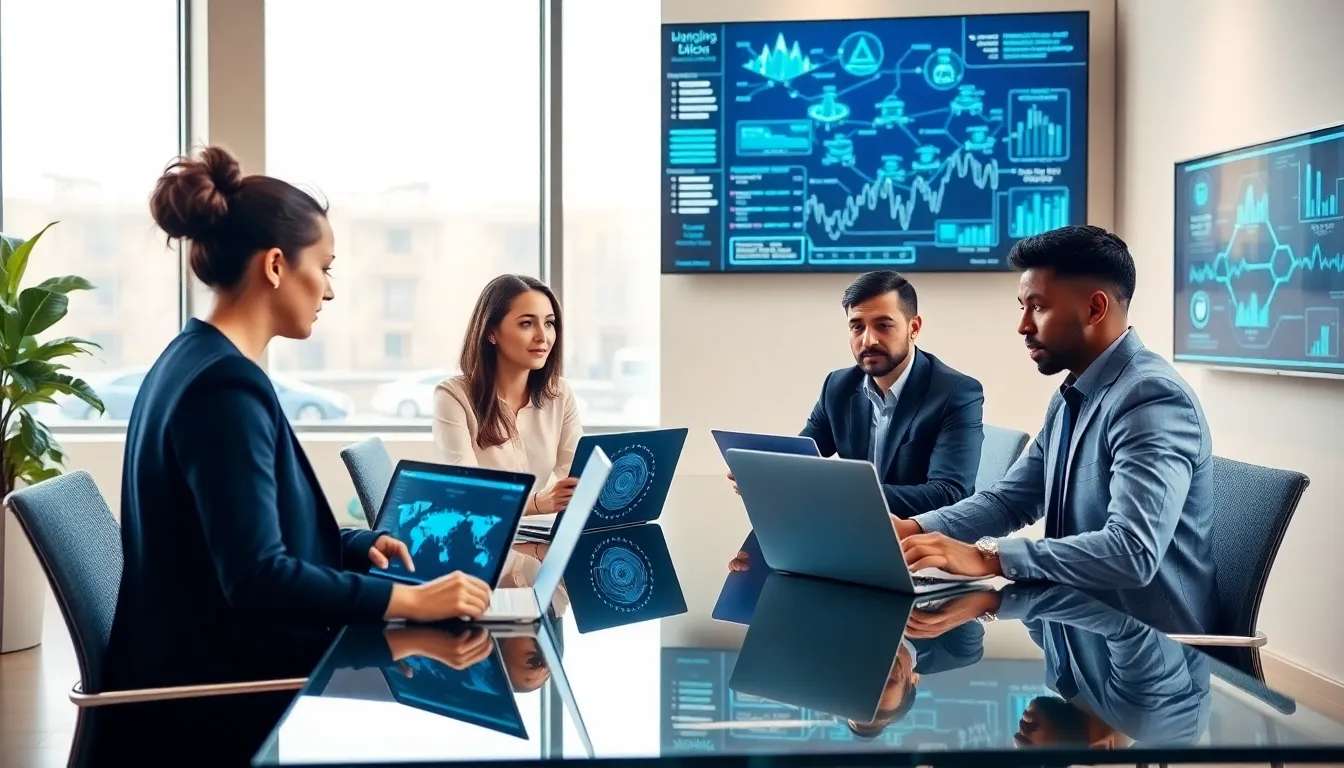diverse team discussing blockchain technology in a modern office.