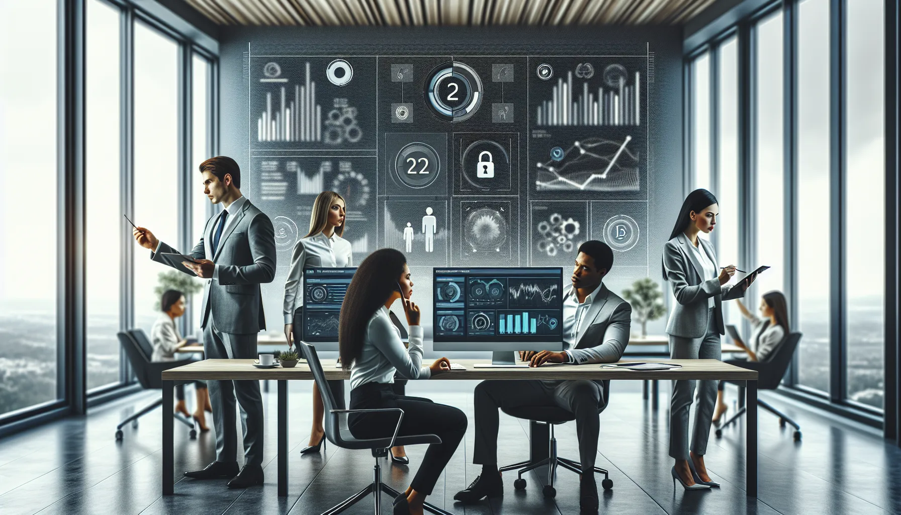 diverse professionals discussing call analytics in a modern office.