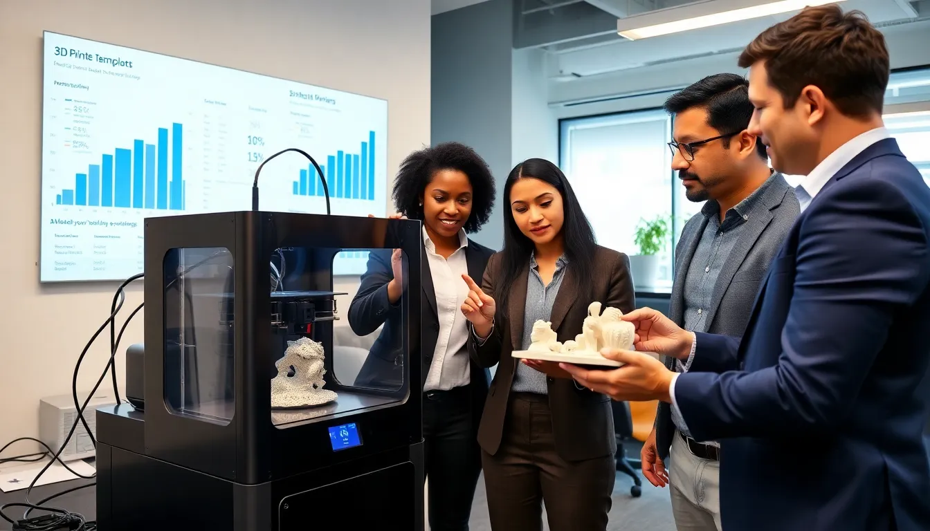 diverse team discussing 3D printing technology in a modern office.