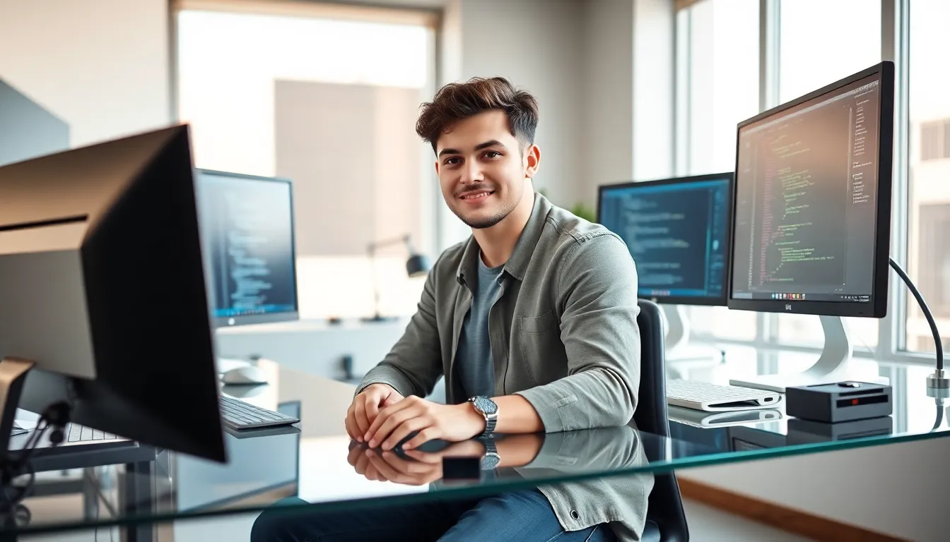 young man focused on technology in a modern office setting.
