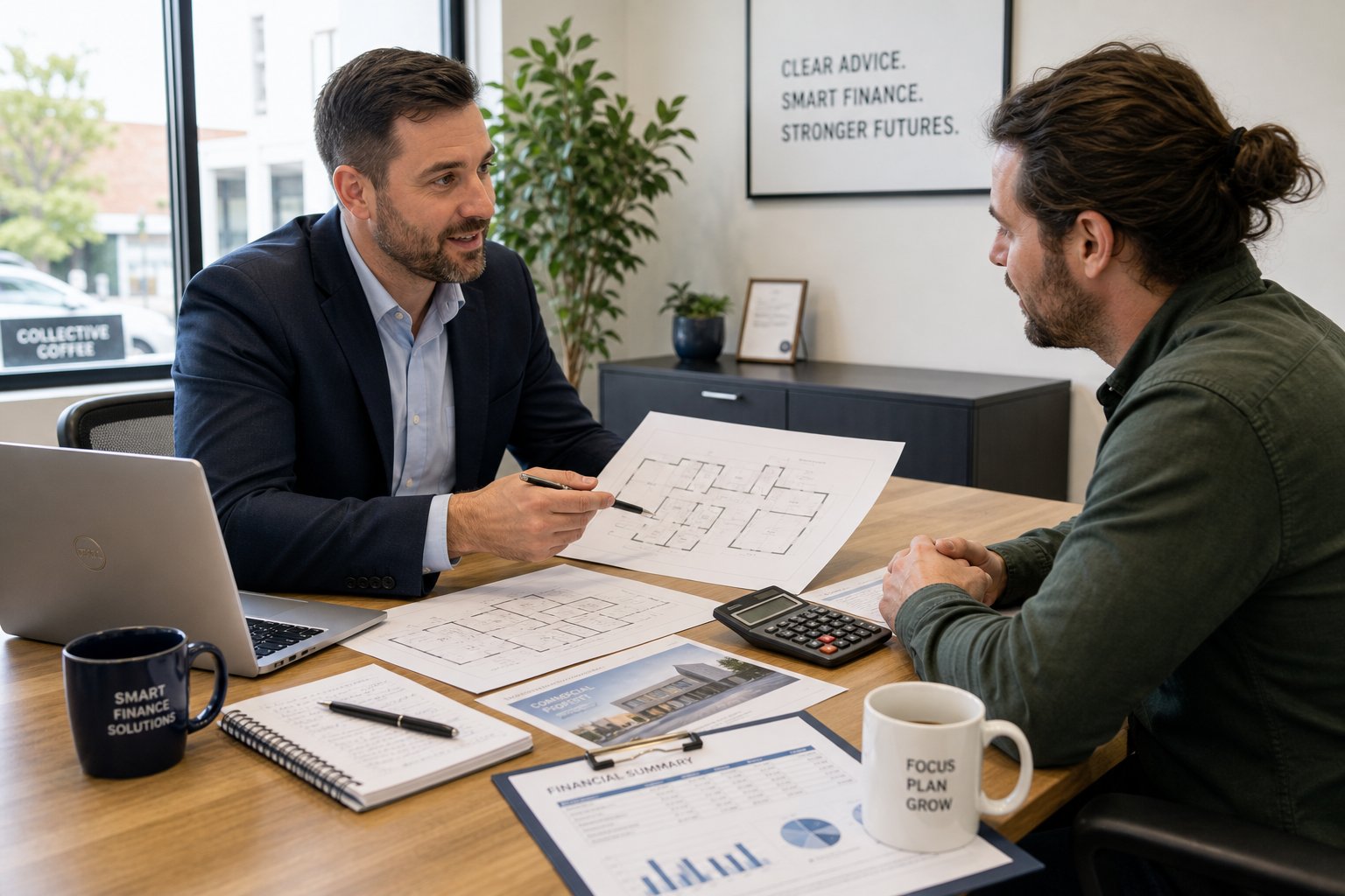 Mortgage adviser meeting a small business owner in a bright office with property plans and financial documents on the desk.