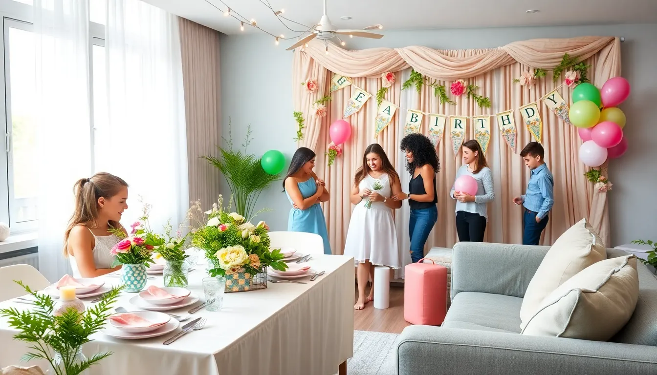 colorful birthday party setup in a home setting.