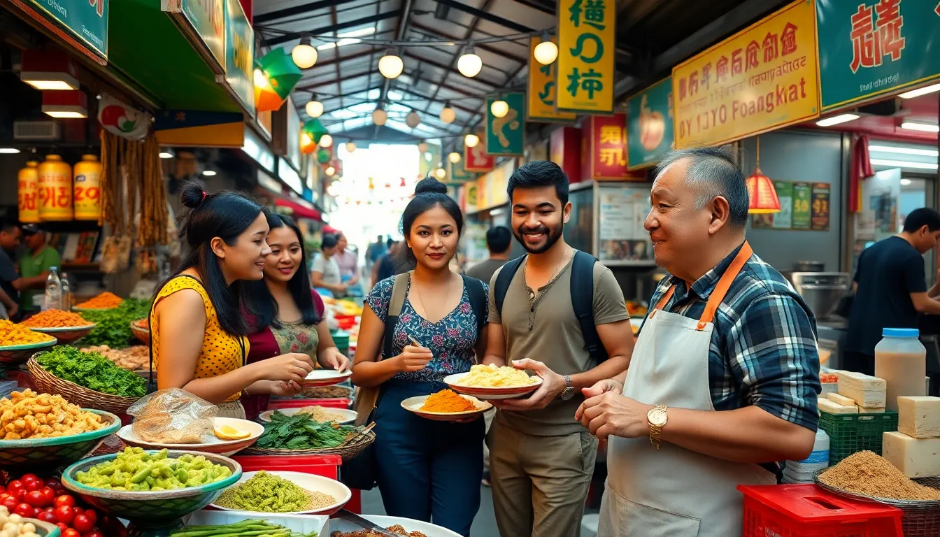 travelers enjoying street food in a vibrant Bangkok market.