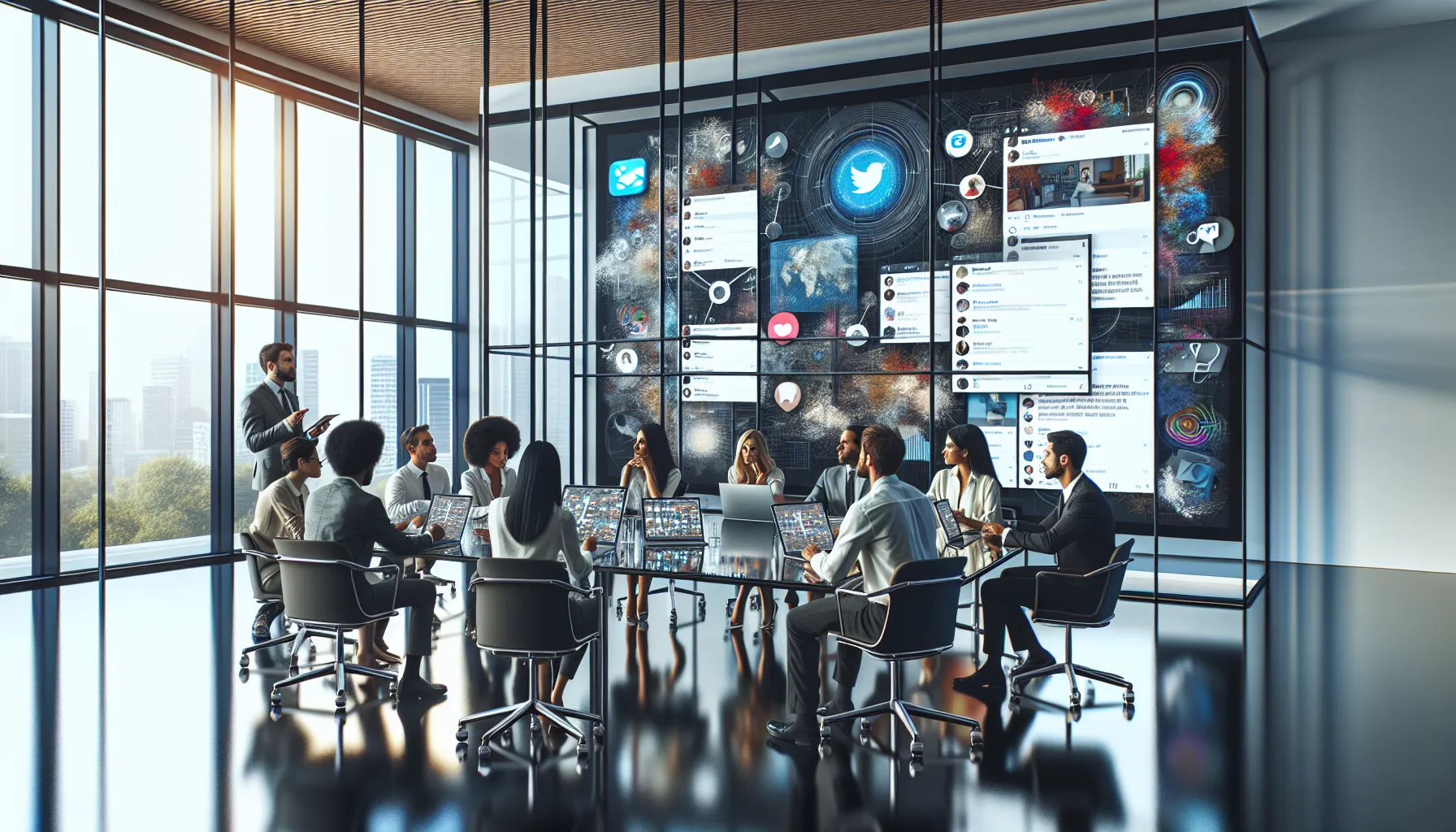 team collaborating in a modern office space around social media content.