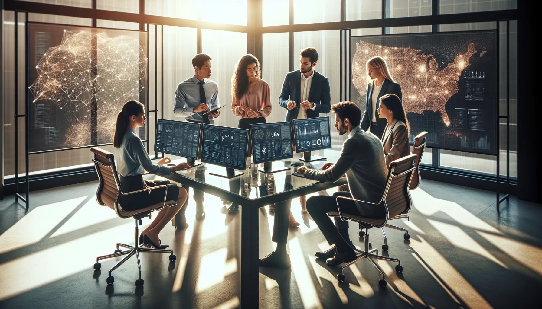 diverse professionals collaborating in a modern office on data organization.