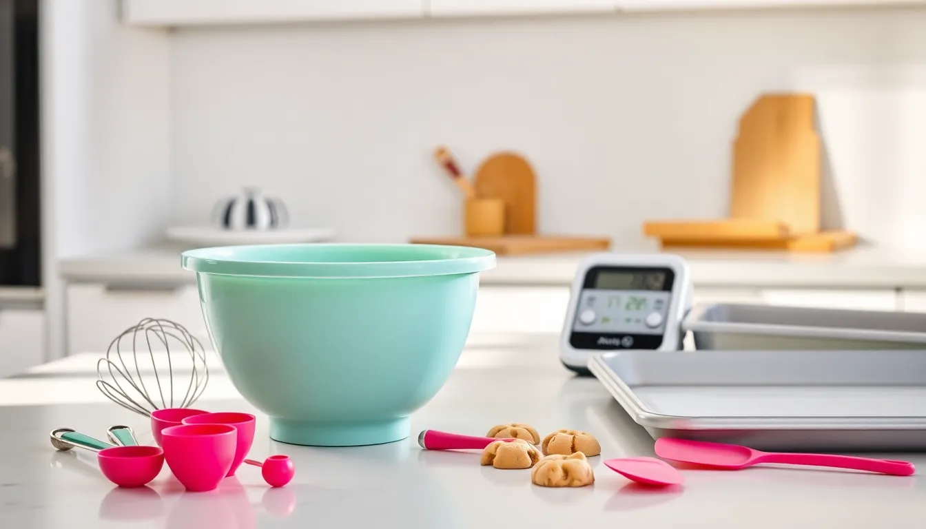 essential baking tools displayed in a modern kitchen setting.