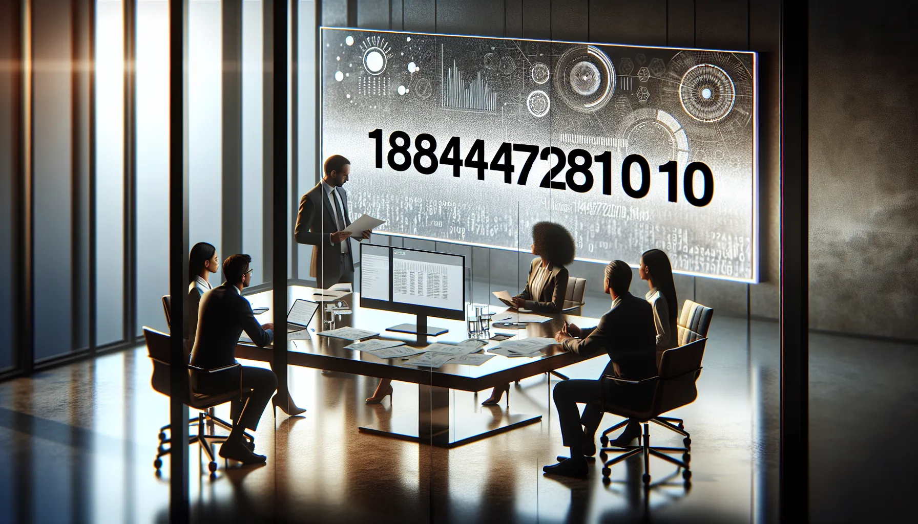 professionals analyzing the number 18444727010 in a modern office.