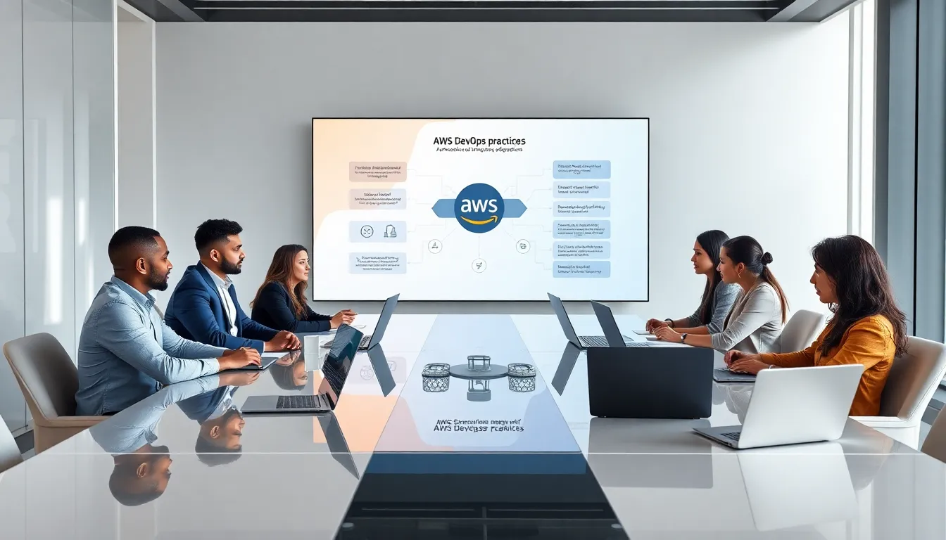 diverse team collaborating on AWS DevOps solutions in a modern office.