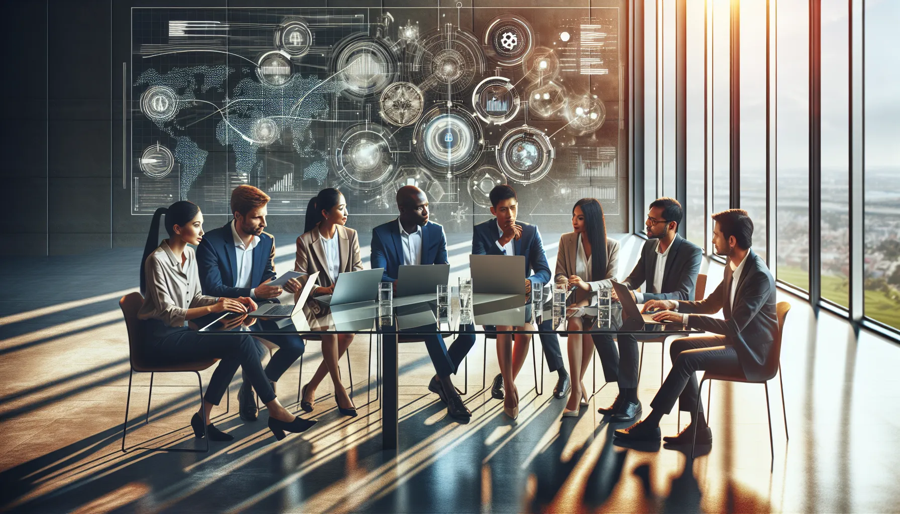 diverse professionals collaborating in a modern office on technology trends.