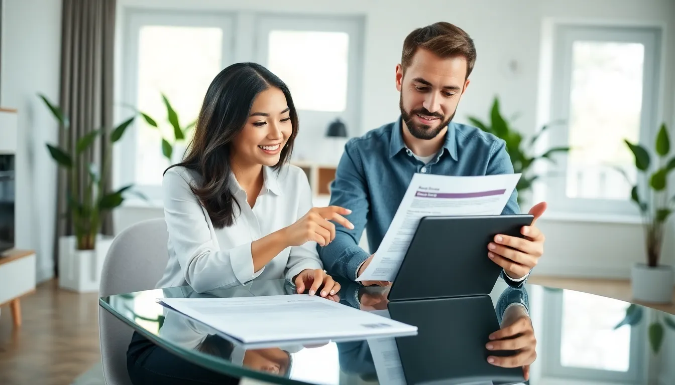 couple discussing home maintenance subscription in a modern office.