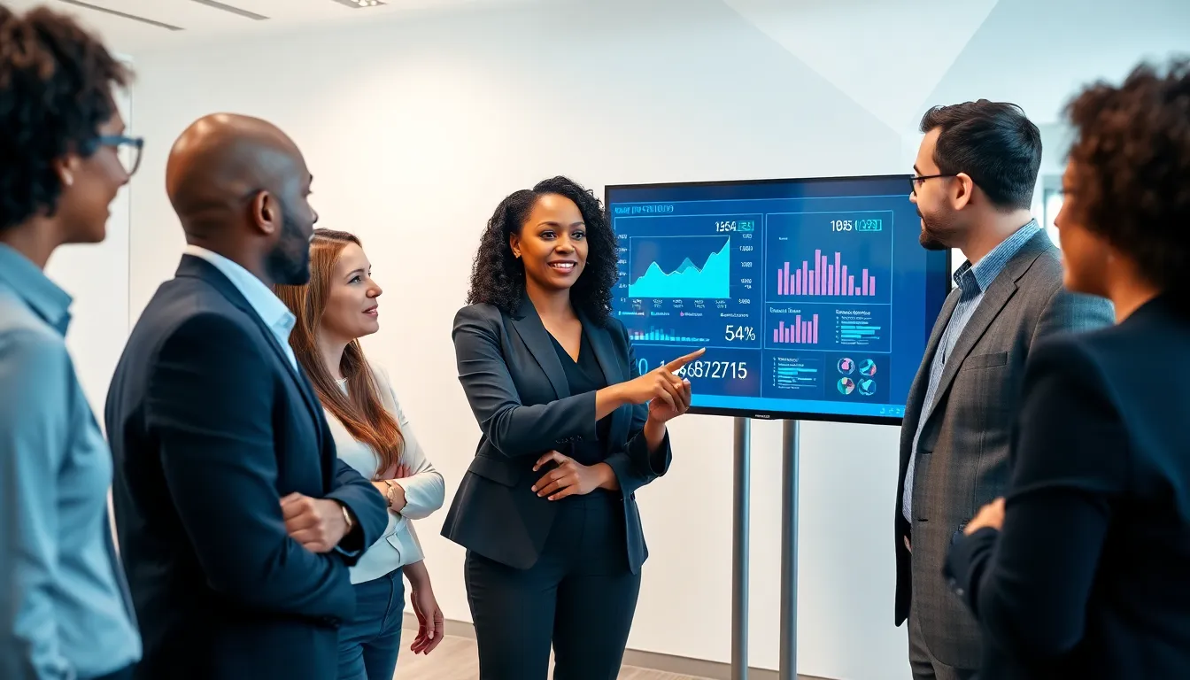 professionals discussing data in a modern office setting.