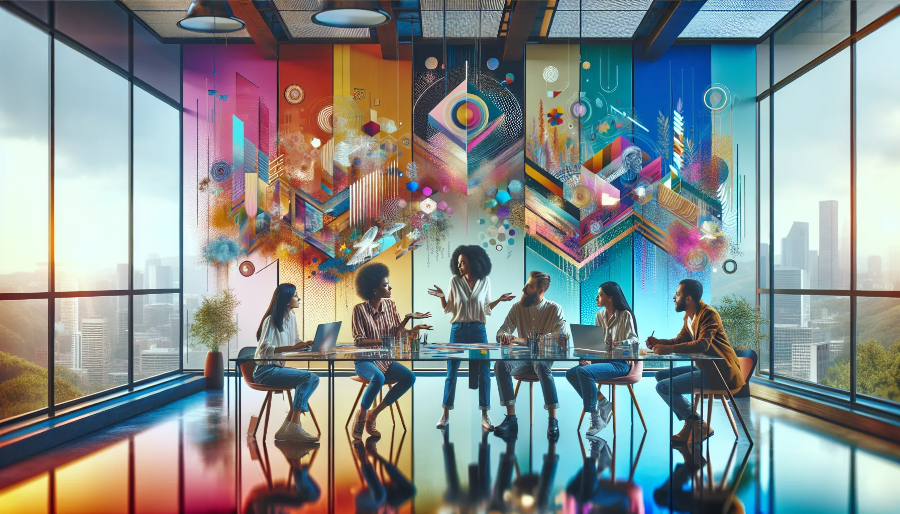 diverse content creators collaborating in a modern workspace.