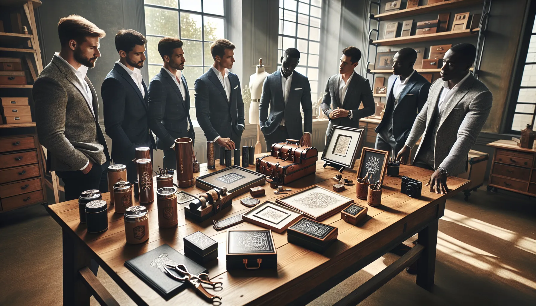 men discussing thoughtful and personalized groomsmen gifts at a well-organized table.