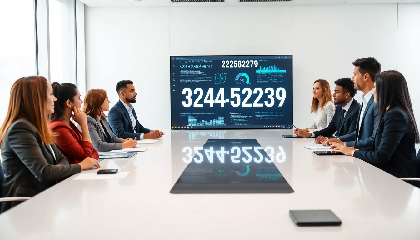 diverse professionals discussing the significance of a number in a modern office.