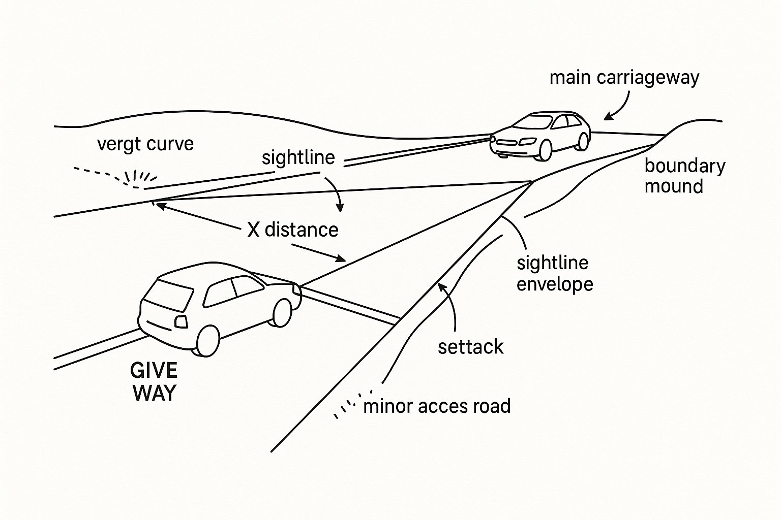 Car at junction with visibility splay lines and measured road distances.