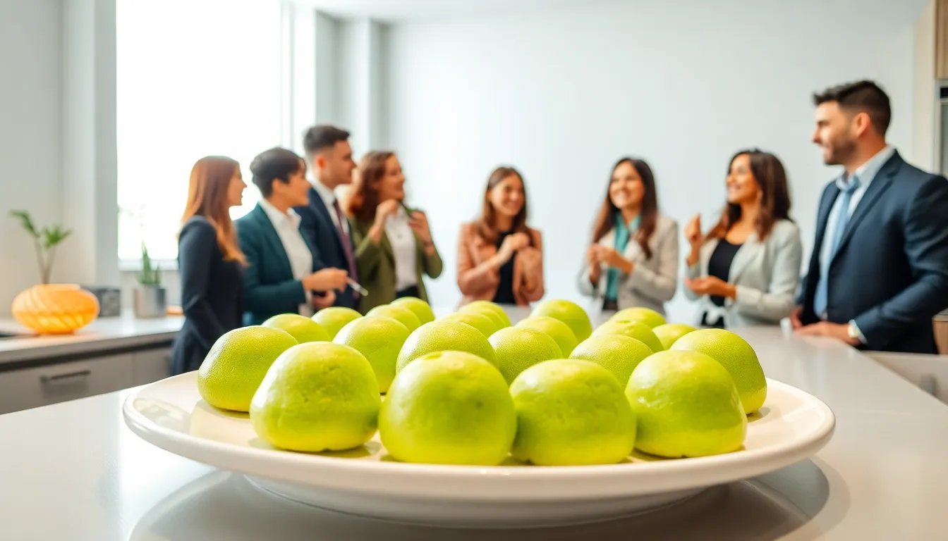 diverse group enjoying Green Mochi Delight cookies in a modern kitchen.
