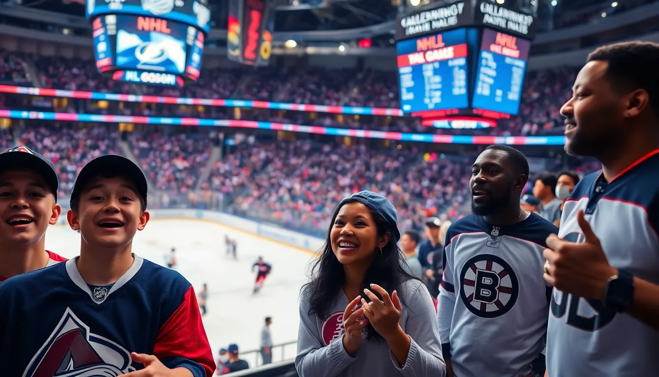 excited hockey fans cheering in an NHL arena during a game.