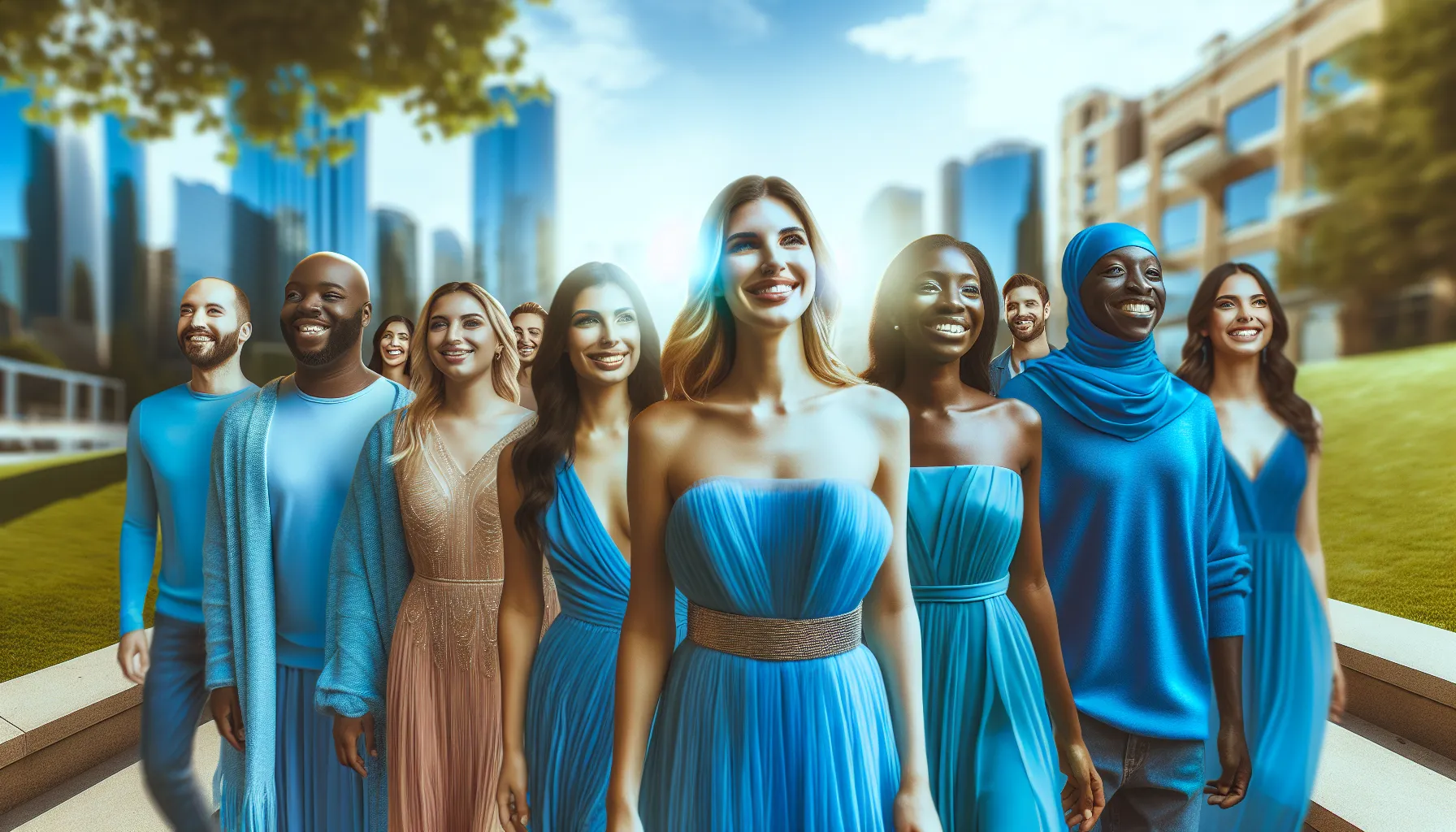 Diverse individuals wearing blue dresses symbolizing empowerment in an outdoor setting.